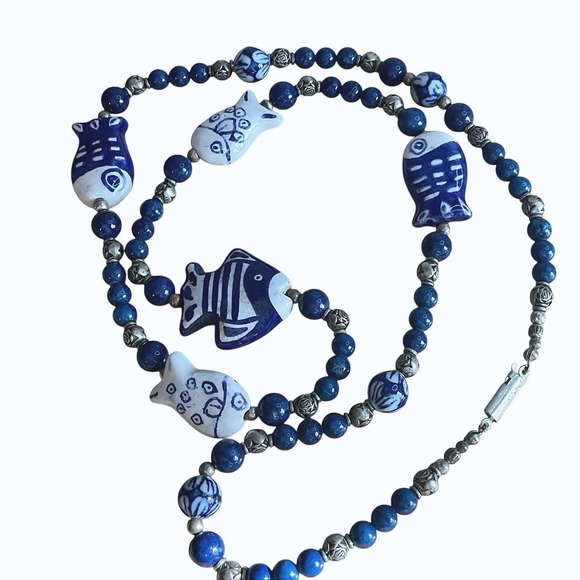 Vintage Blue White Ceramic Fish Bead Necklace 28" Hand Painted Porcelain Ocean - Picture 5 of 8